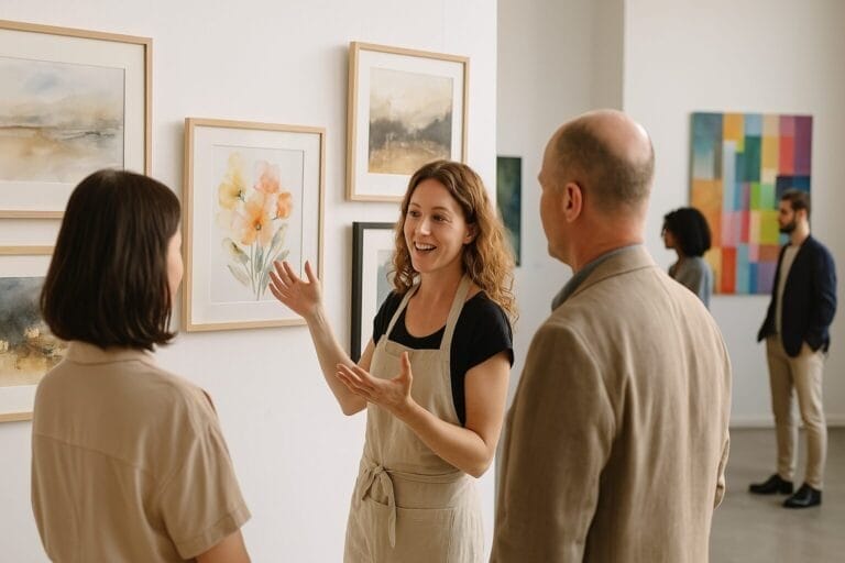 An image of an artist showing her art in an art gallery to prospective customers.